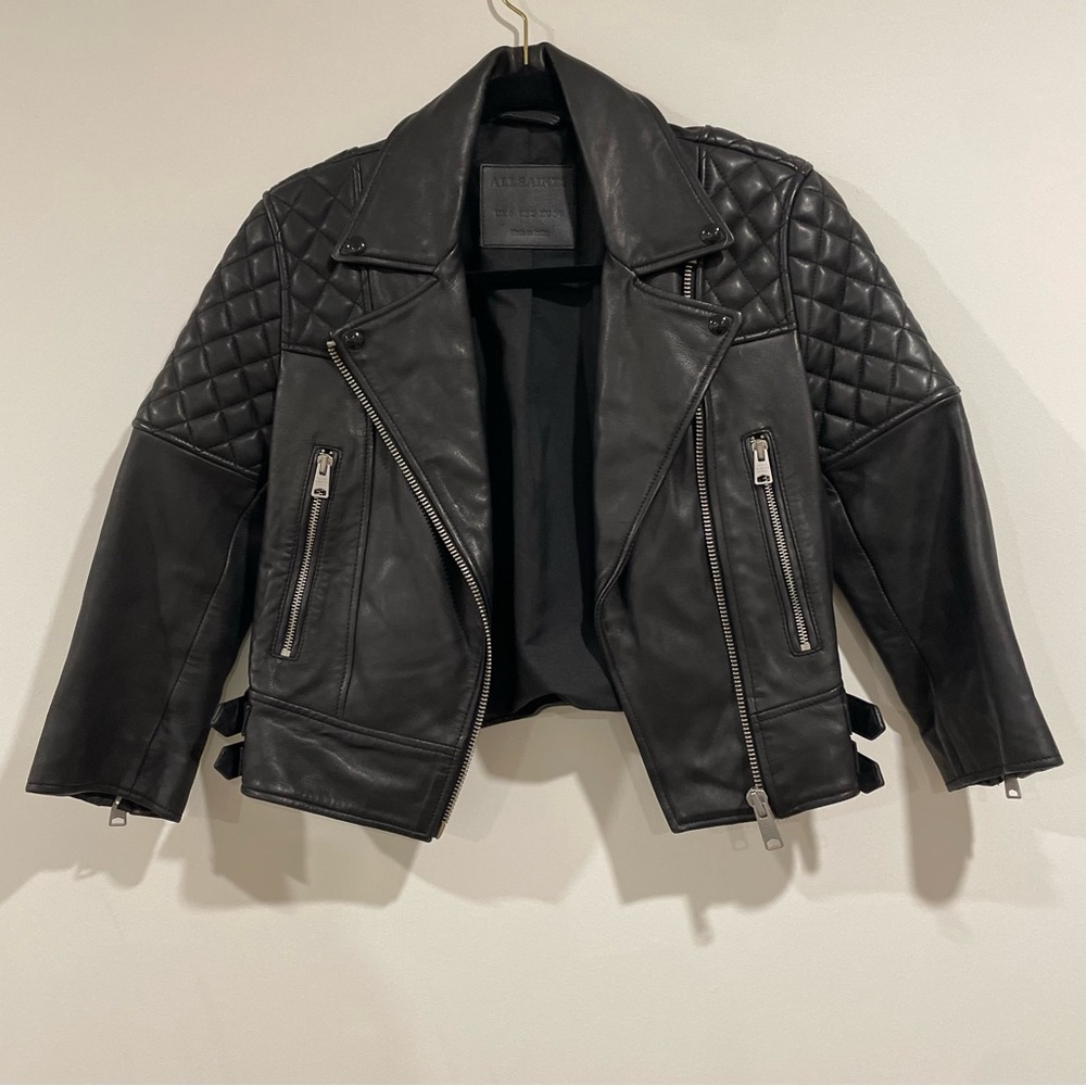 AllSaints Beattie Biker black leather jacket cropped 3/4 sleeves size 2 moto zip